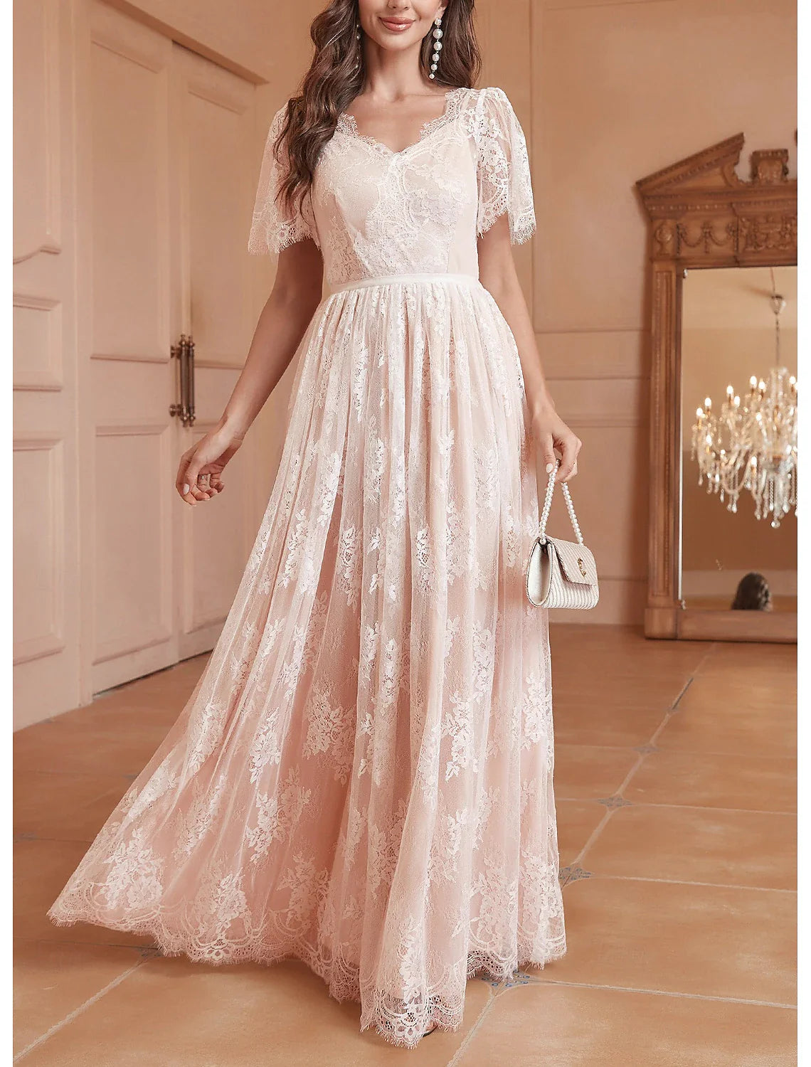 DingJiDress Wedding Dresses A-Line V Neck Short Sleeve Floor Length Lace Bridal Gowns With Pleats
