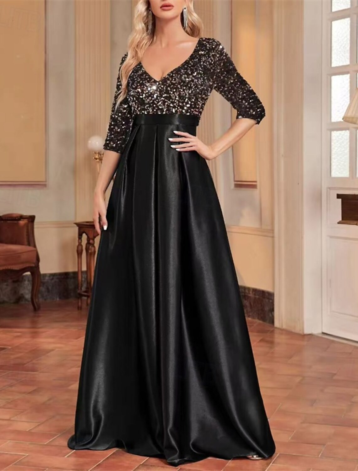 A-Line Evening Gown Party Dress Evening Party Party Wear Floor Length Short Sleeve V Neck Wednesday Addams Family Lace Cowl Back with Glitter Sequin