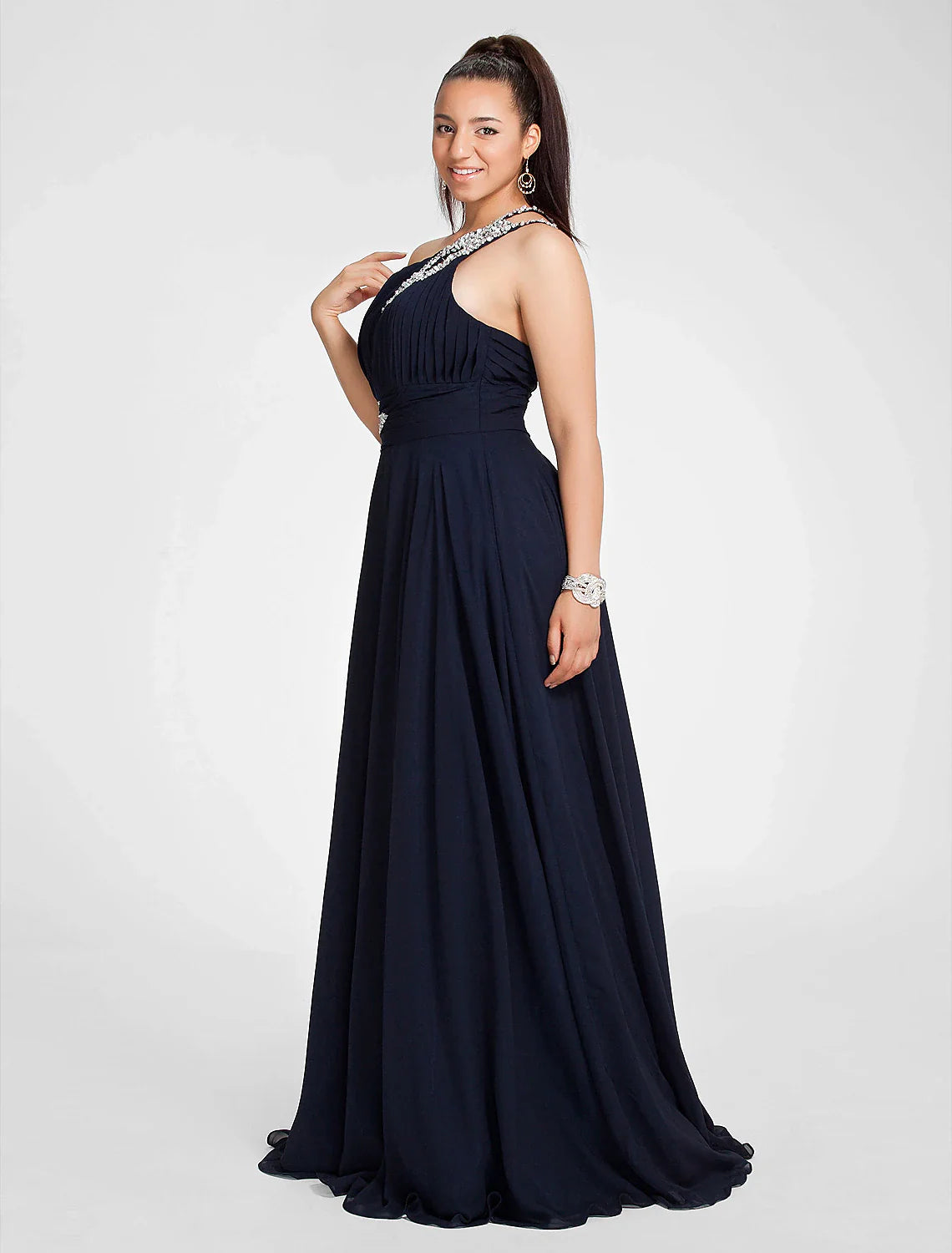 A-Line Cut Out Dress Wedding Guest Sweep / Brush Train Sleeveless One Shoulder Chiffon with Ruched Beading