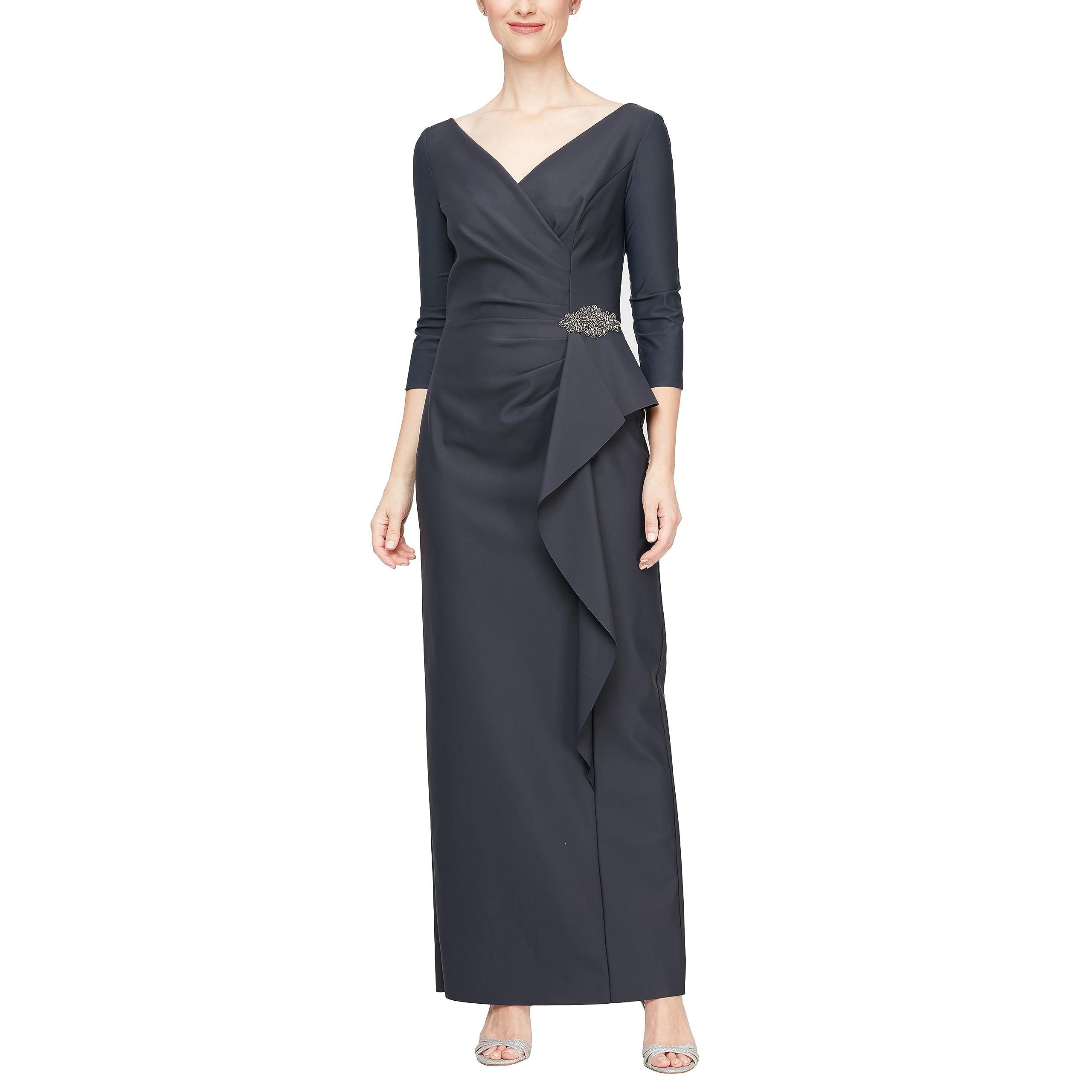 DingJiDress Mother of the Groom / Bride Dresses Slimming Long Length Long Sleeve Cascade Ruffle Skirt and Side Ruching Formal Dresses Wedding Guest Dress