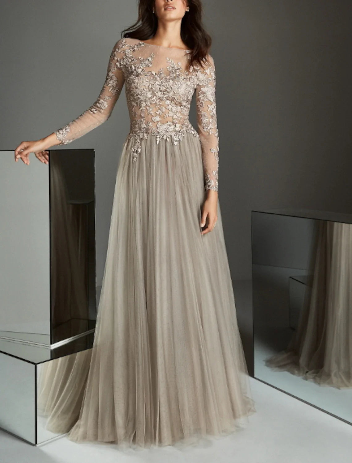 A-Line Evening Gown Elegant Dress Wedding Guest Formal Evening Sweep / Brush Train Long Sleeve Illusion Neck Lace with Pleats Appliques