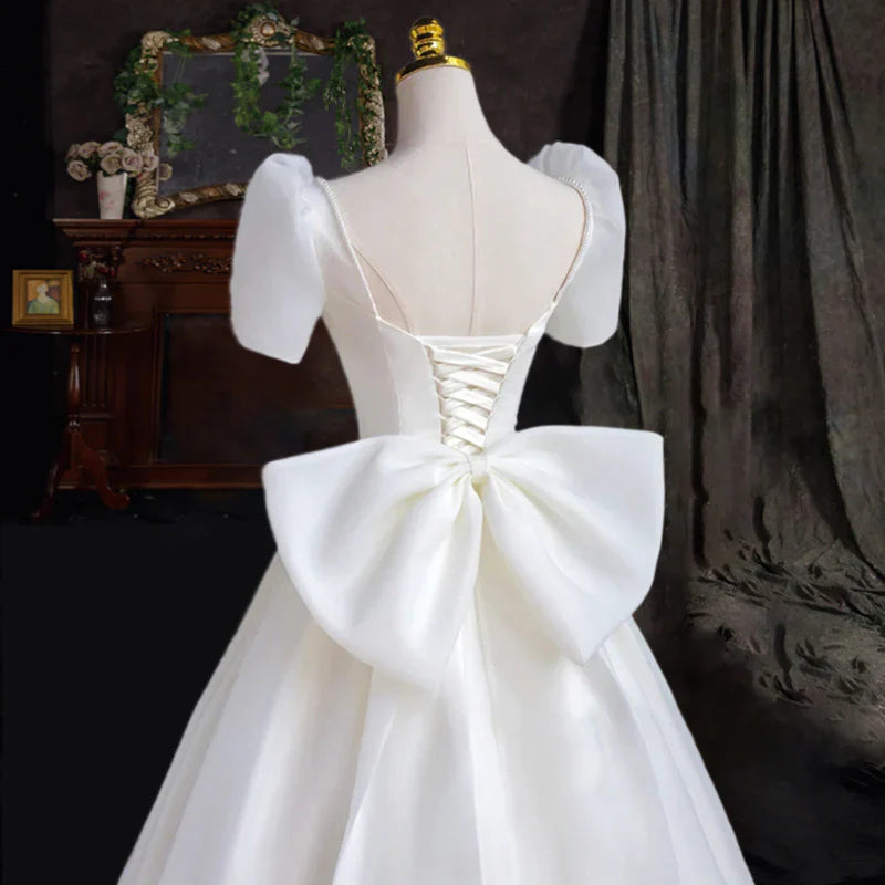 DingJiDress Formal Women's Dresses Heart-shaped collar Short Sleeves Back bow Long Fantastic Wedding Dress
