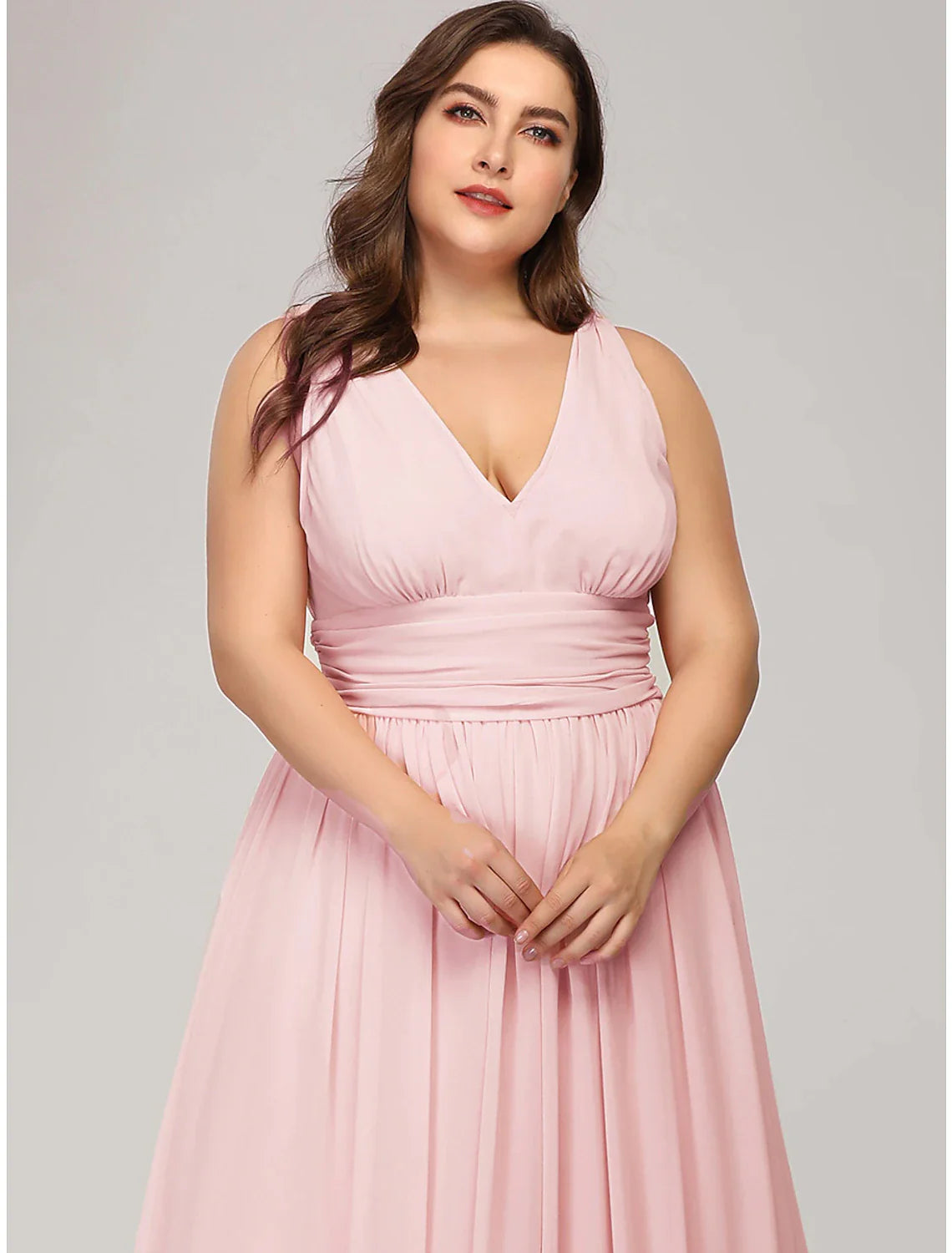 A-Line Plus Size Wedding Formal Evening Dress V Neck V Back Sleeveless Floor Length Chiffon with Pleats