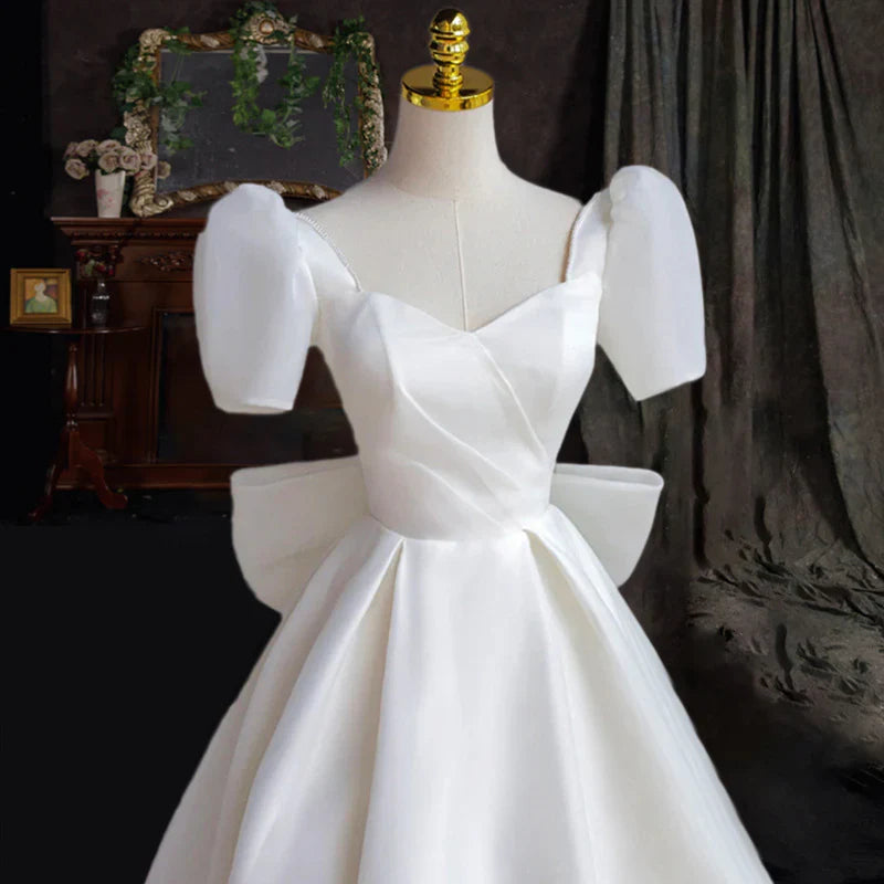 DingJiDress Formal Women's Dresses Heart-shaped collar Short Sleeves Back bow Long Fantastic Wedding Dress