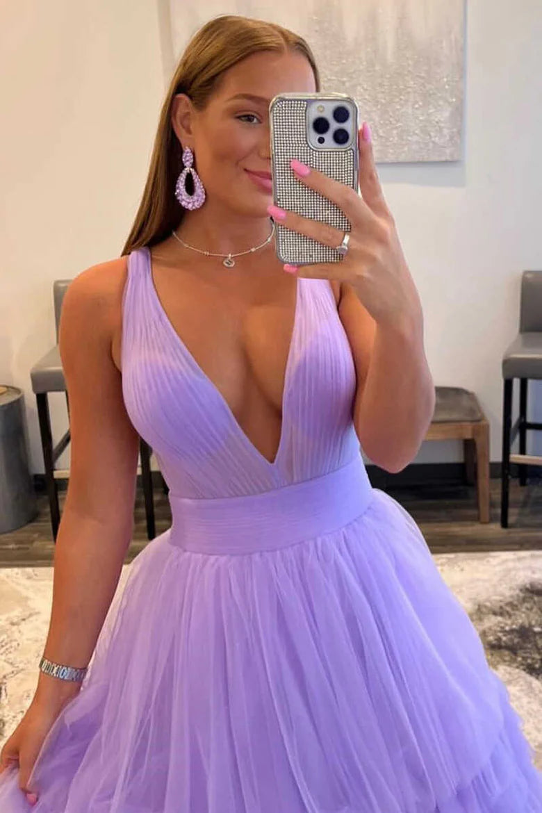 Multi-Tiered Lavender Plunge Neck A-Line Long Prom Dress