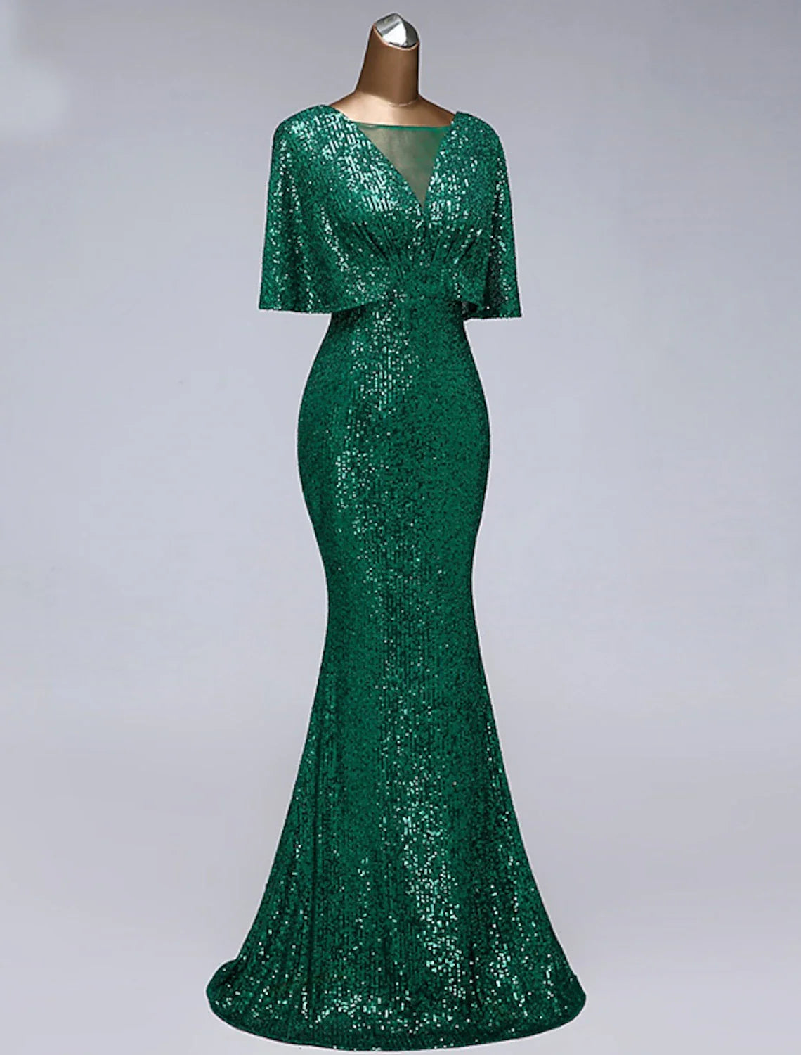 Mermaid / Trumpet Prom Dresses Sparkle Dress Wedding Guest Floor Length Half Sleeve Illusion Neck Sequined with Sequin Ruffles