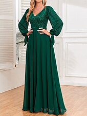Dress Mother of the Bride Dress Elegant V Neck Floor Length Chiffon Long Sleeve with Sequin