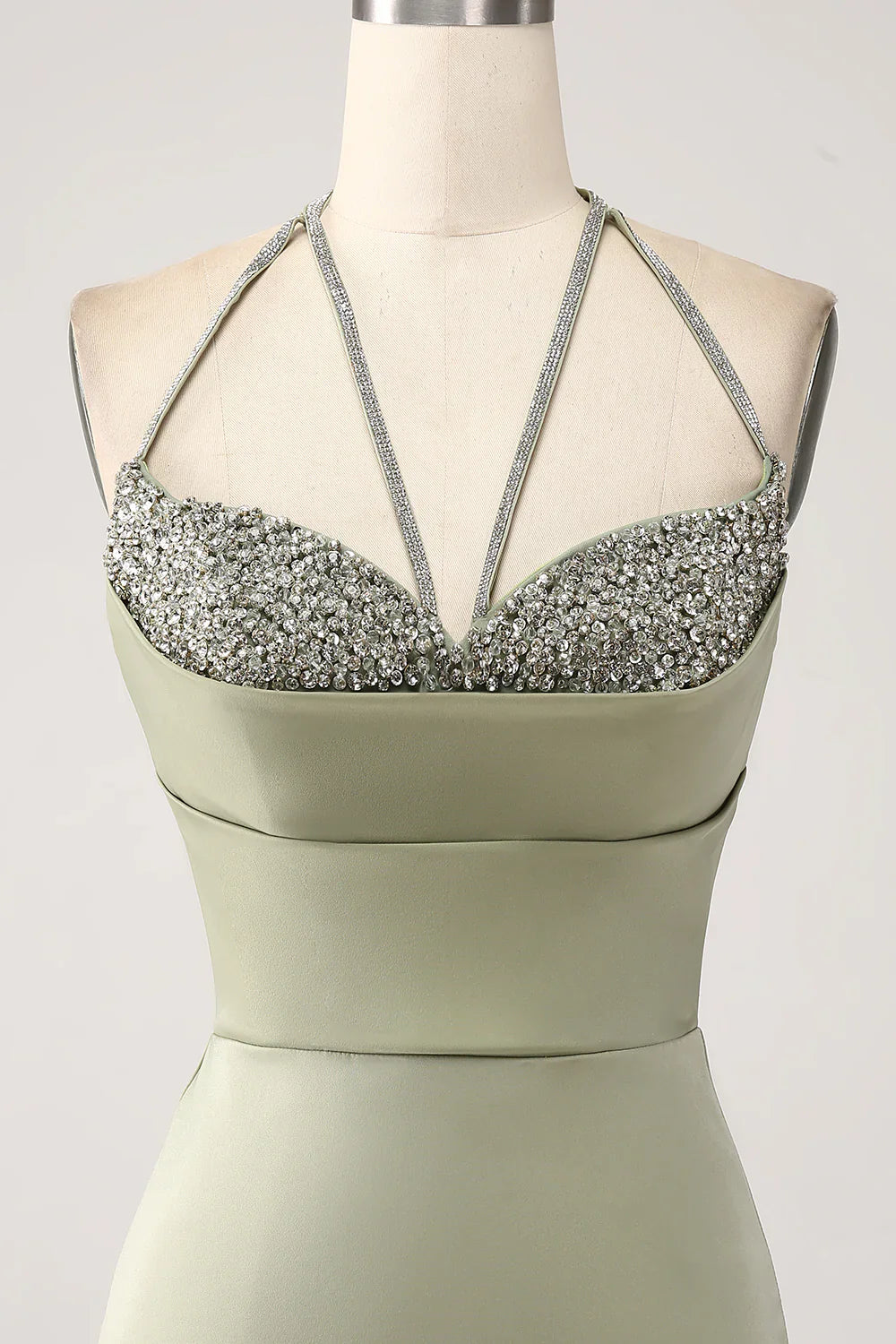 DingJiDress Sheath Pistachio V-Neck Beaded Long Prom Dress With Slit
