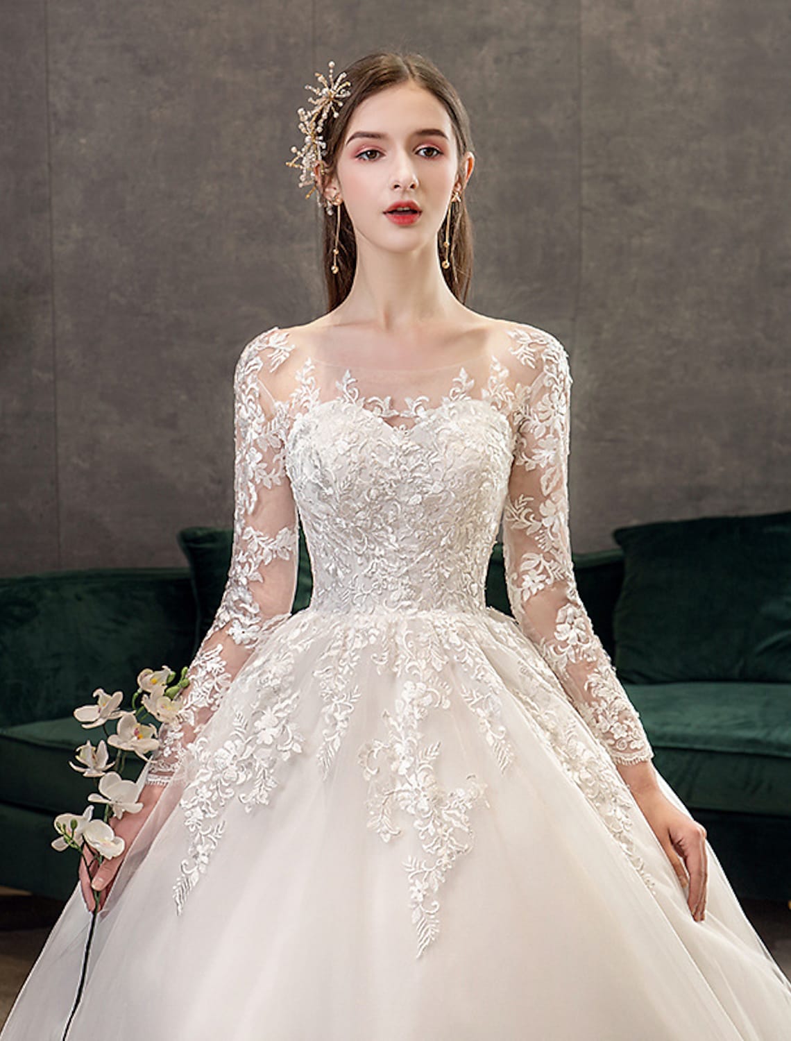 Engagement Open Back Formal Wedding Dresses Chapel Train Long Sleeve Lace With Pleats Appliques