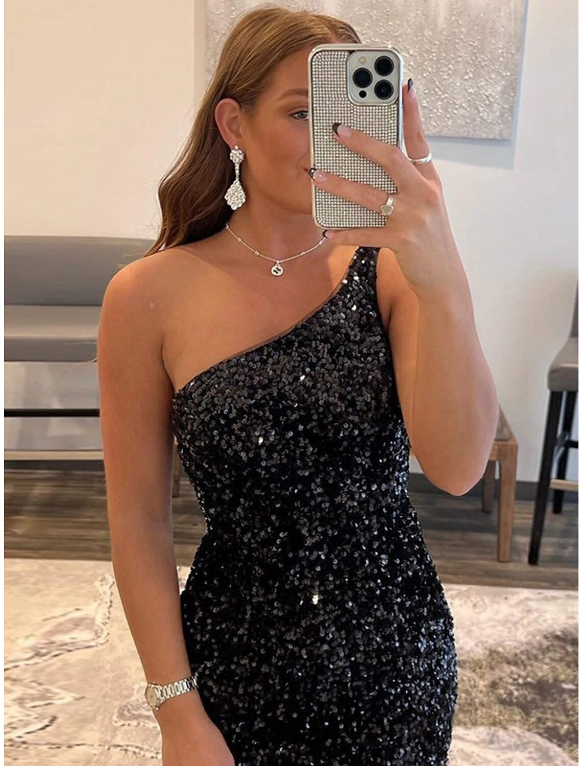 Mermaid / Trumpet Homecoming Dresses Little Black Dress Dress Graduation Cocktail Party Short / Mini Sleeveless One Shoulder Sequined with Sequin
