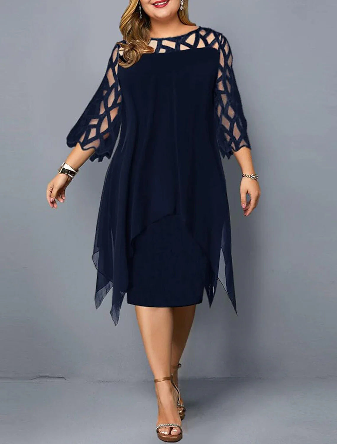 A-Line Elegant Cocktail Dress Semi-formal Party Dress Midi Jewel Neck 3/4 Length Sleeve Knee Length Lace with Sleek Splicing