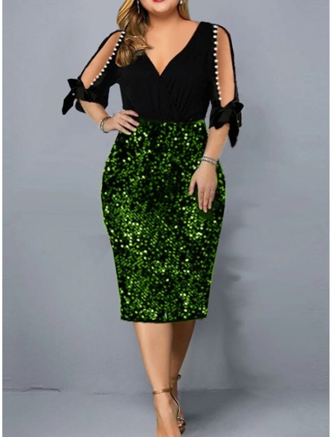 Sheath / Column Party Dresses Sparkle & Shine Dress Party Wear Fall Tea Length Half Sleeve V Neck Sequined with Glitter Bow(s)