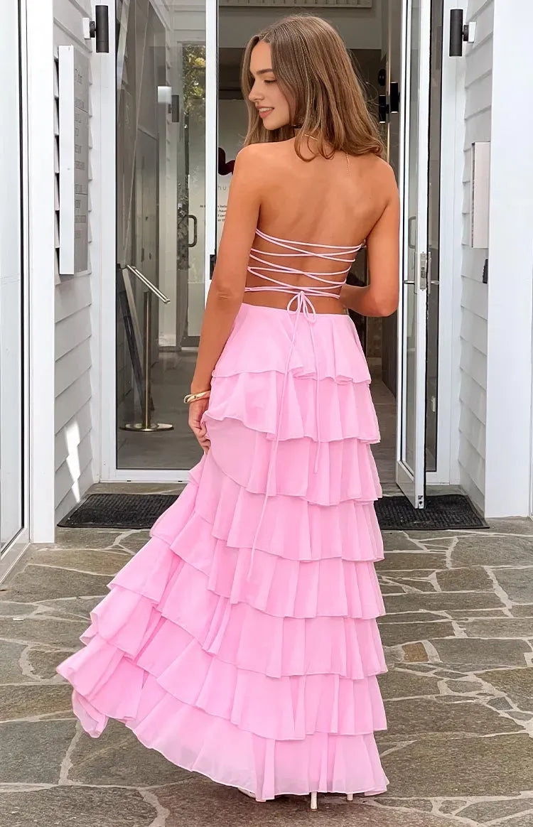 Glamorous Pink Chiffon Prom Dress Strapless Tiered Ruffle Silhouette Side Slit for a Show  Stopping Vibe