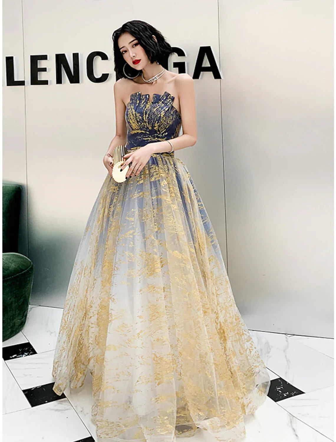 A-Line Color Block Sparkle Engagement Prom Dress Strapless Sleeveless Floor Length Sequined with Sequin