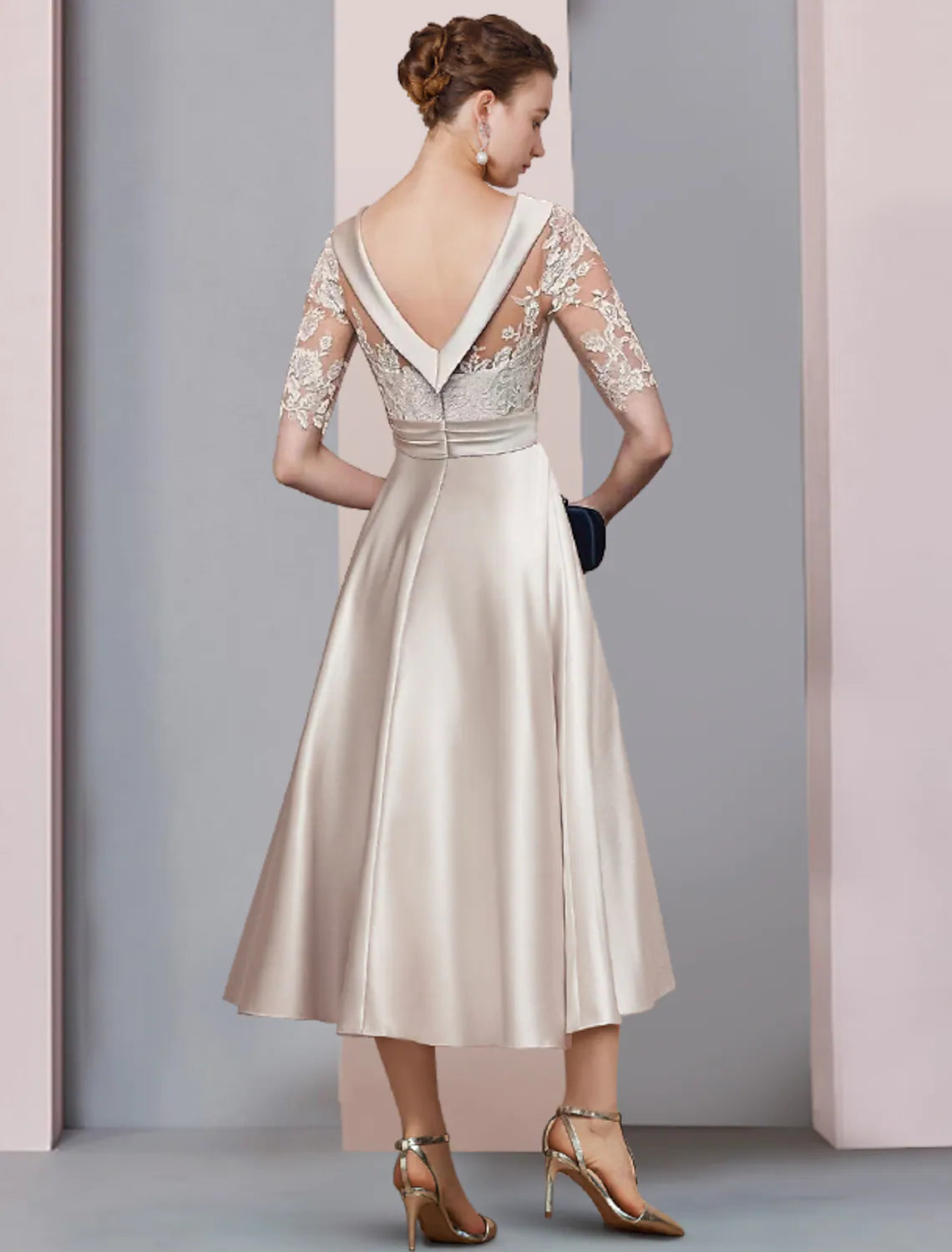 A-Line Mother of the Bride Dress Wedding Vintage Elegant   Lace Half Sleeve with Ruched Appliques