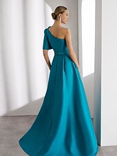 A-Line Evening Gown Elegant Dress Formal Wedding Floor Length Short Sleeve One Shoulder Champagne Mother Of the Bride Dress Satin with Shouder Flower