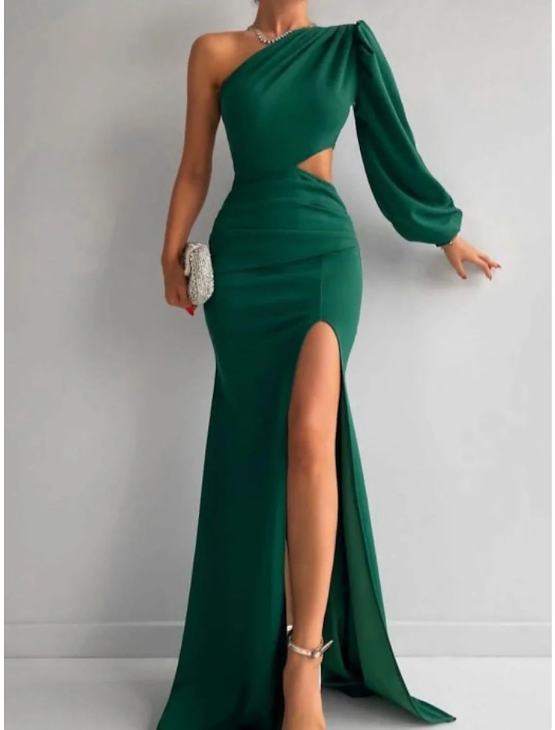 A-Line Evening Gown Elegant Dress Formal Sweep / Brush Train Christmas Red Green Dress Long Sleeve One Shoulder Stretch Fabric with Pleats Ruched Slit