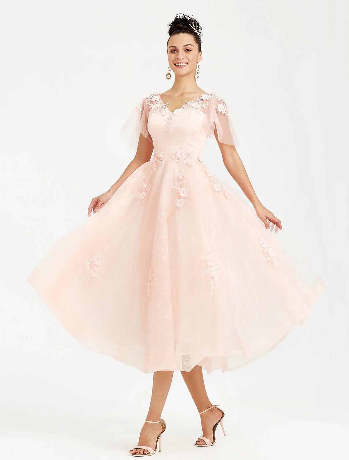 A-Line Prom Dresses Elegant Dress Wedding Guest Tea Length Short Sleeve V Neck Tulle with Appliques