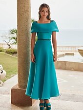 Evening Gown Elegant Dress Formal Wedding Ankle Length Short Sleeve Queen Anne Champagne Mother Of the Bride Dress Satin with Bow(s) Beading Butterfly