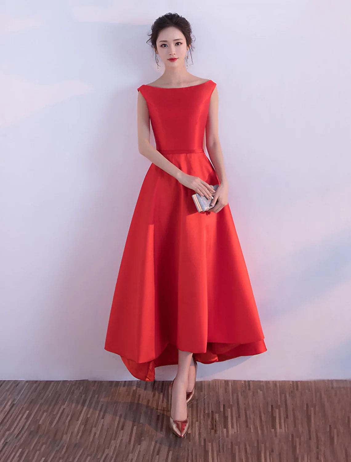 A-Line Evening Gown Elegant Minimalist Dress Party Wear Wedding Guest Asymmetrical Sleeveless Satin with Sleek