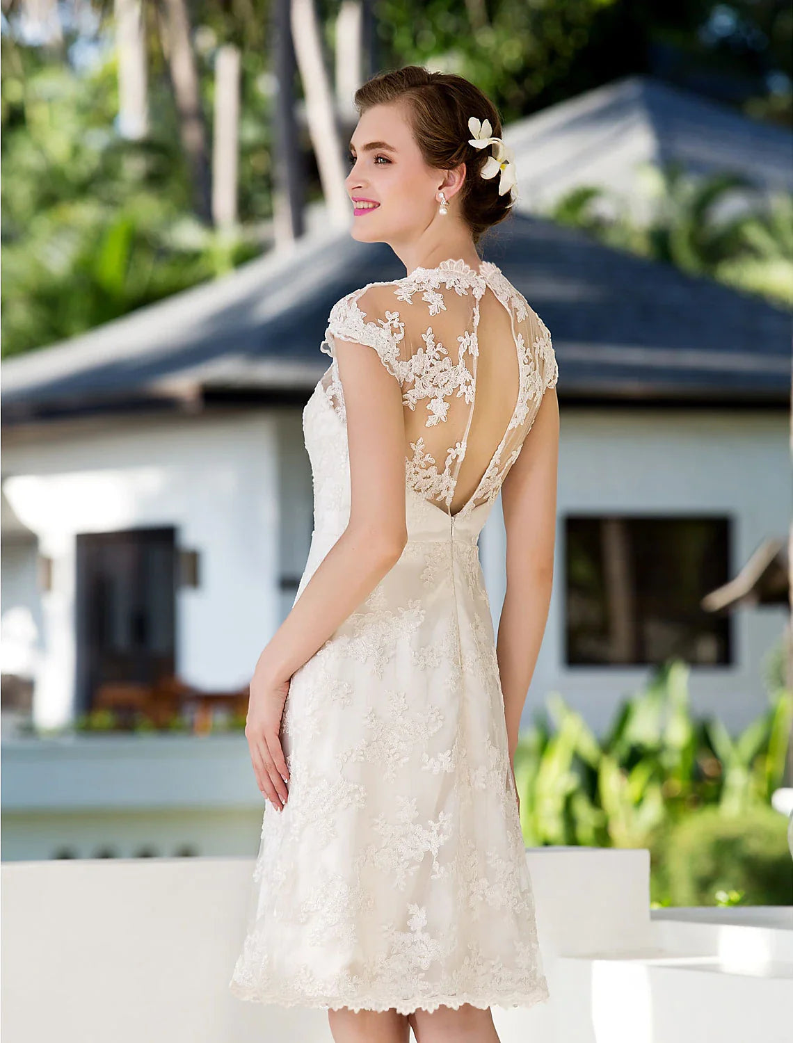 Open Back Little White Dresses Knee A-Line Floral Lace Appliques