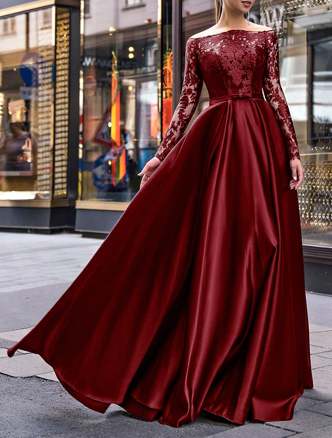 A-Line Evening Gown Party Dress Christmas Red Green Dress Elegant Dress Wedding Guest Fall Floor Length Long Sleeve Off Shoulder Belt / Sash Satin with Appliques