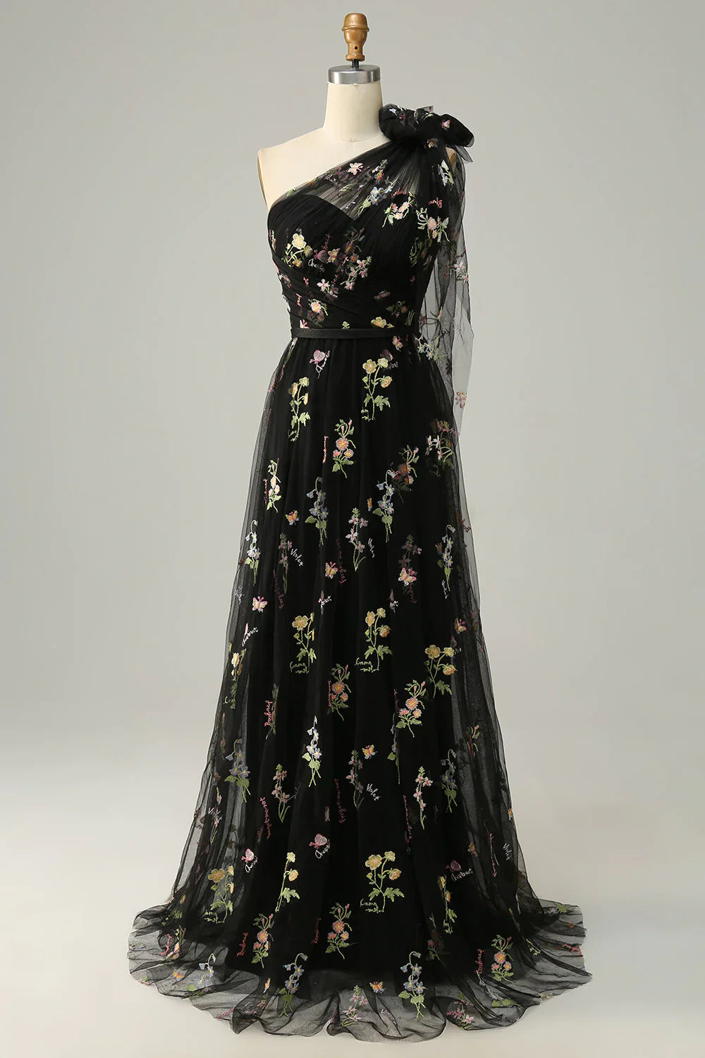 DingJiDress A-Line One Shoulder Black Long Prom Dress With Embroidery