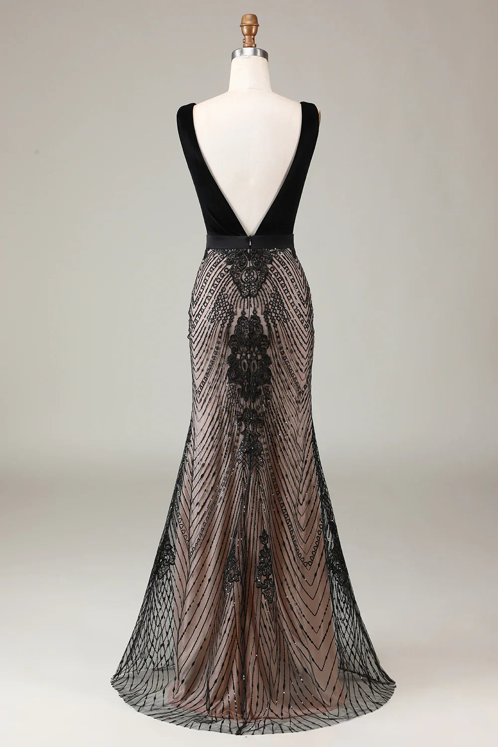 DingJiDress Mermaid Deep V Neck Black Long Prom Dress with Open Back
