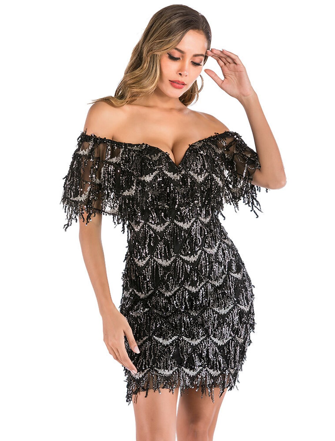 Party Dresses Flapper Dress Party Wear Knee Length Short Sleeve V Neck Sequined Backless with Sequin Tiered
