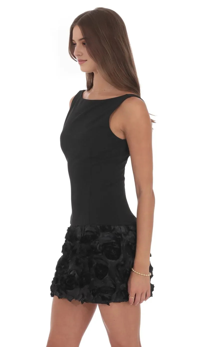 leek Black Sleeveless Homecoming Dress Boat Neckline 3D Floral Ruffle Hem A Timelessly Chic Choice for Enchanting School Dances