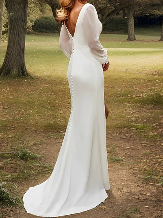 legant Deep V - Neck Wedding Dress Sheer Lantern Sleeves Draped Detail High Side Slit