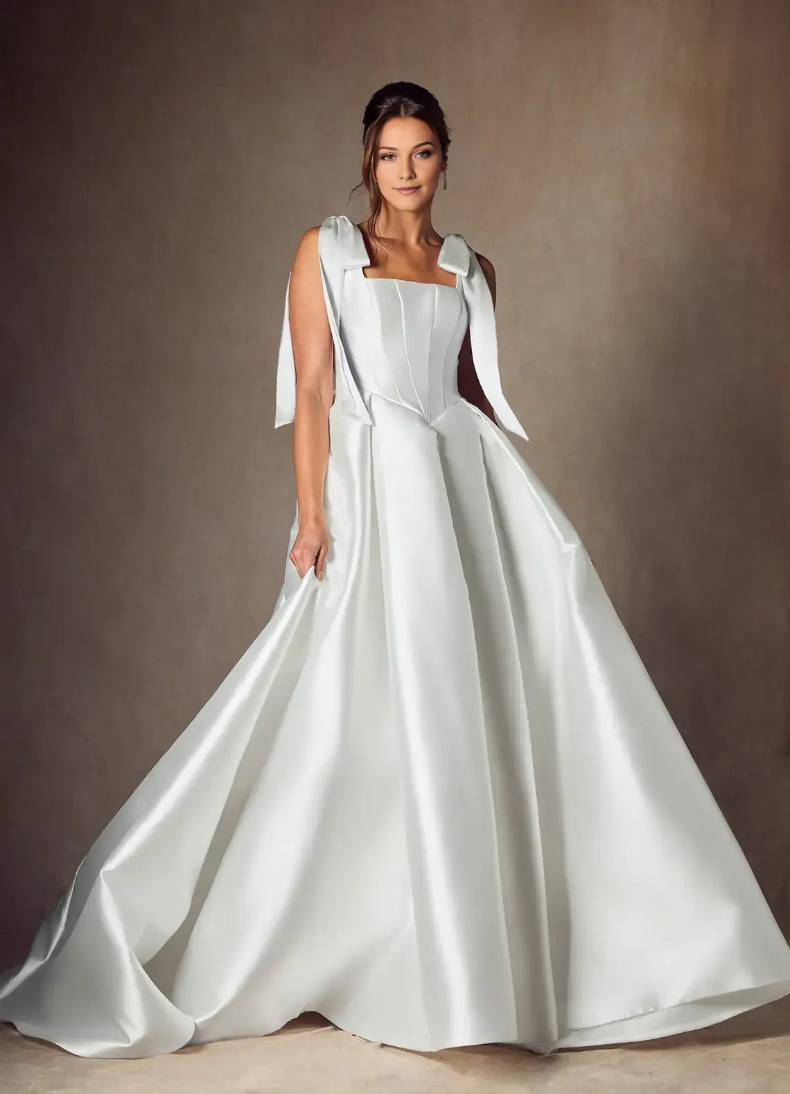 legant Satin Ball Gown Wedding Dress with Square Neckline Bow - Accented Straps and Structured Corset Bodice for Timeless Bridal Glamour
