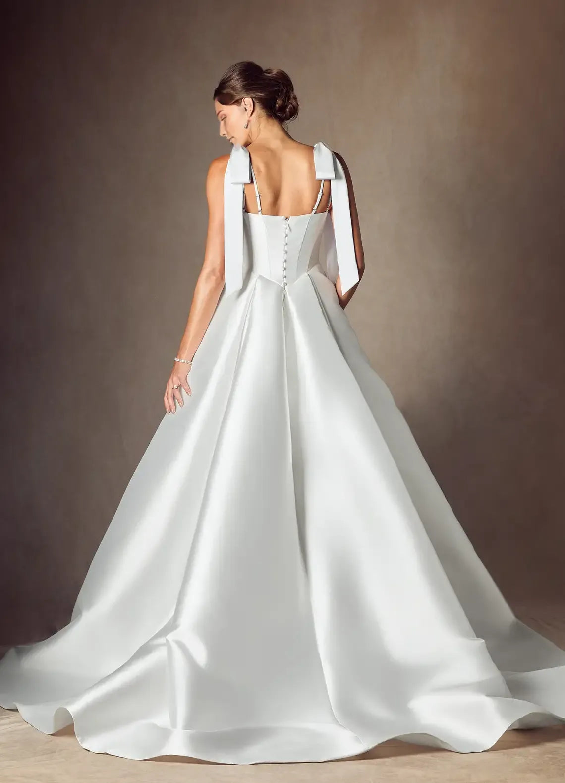 legant Satin Ball Gown Wedding Dress with Square Neckline Bow - Accented Straps and Structured Corset Bodice for Timeless Bridal Glamour