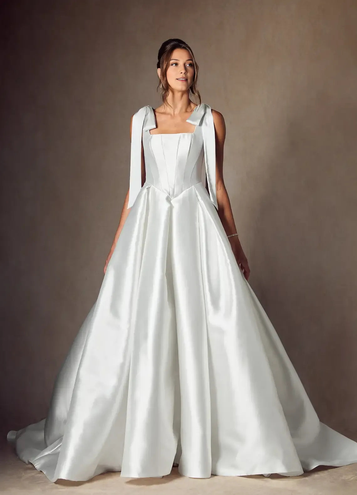 legant Satin Ball Gown Wedding Dress with Square Neckline Bow - Accented Straps and Structured Corset Bodice for Timeless Bridal Glamour