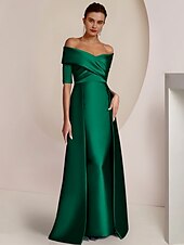 Dress Formal Wedding Guest Elegant Party Off Shoulder Floor Length Satin Half Sleeve with Ruching