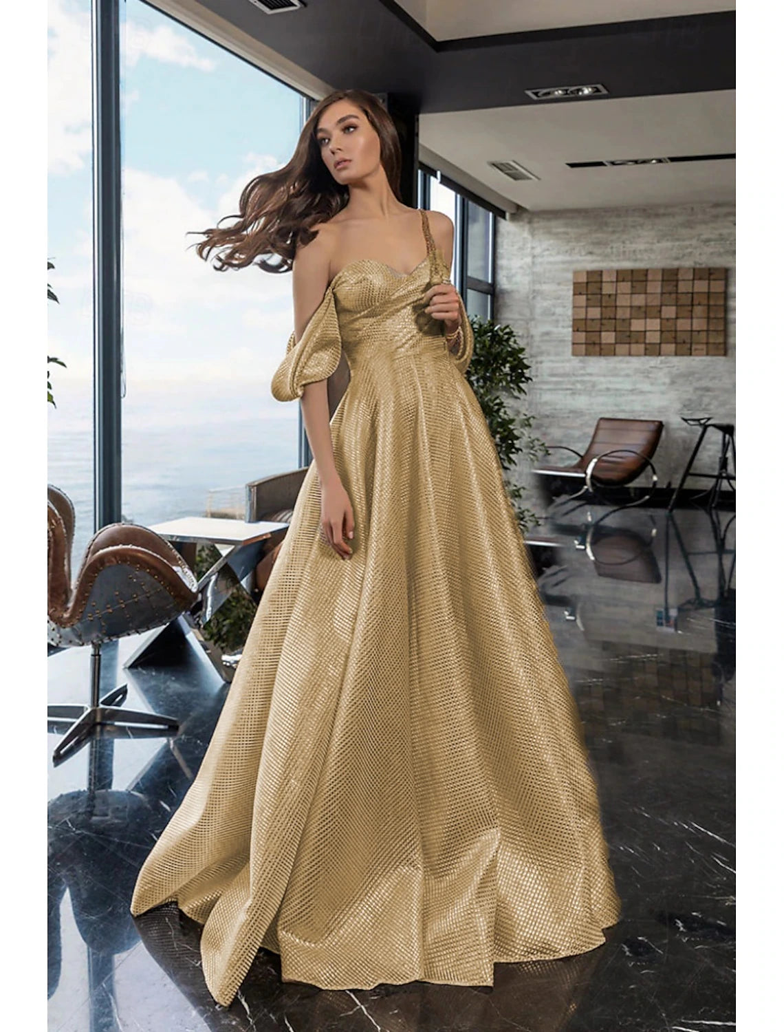 A-Line Evening Gown Elegant Dress Formal Sweep / Brush Train Long Sleeve One Shoulder Pocket Satin with Glitter