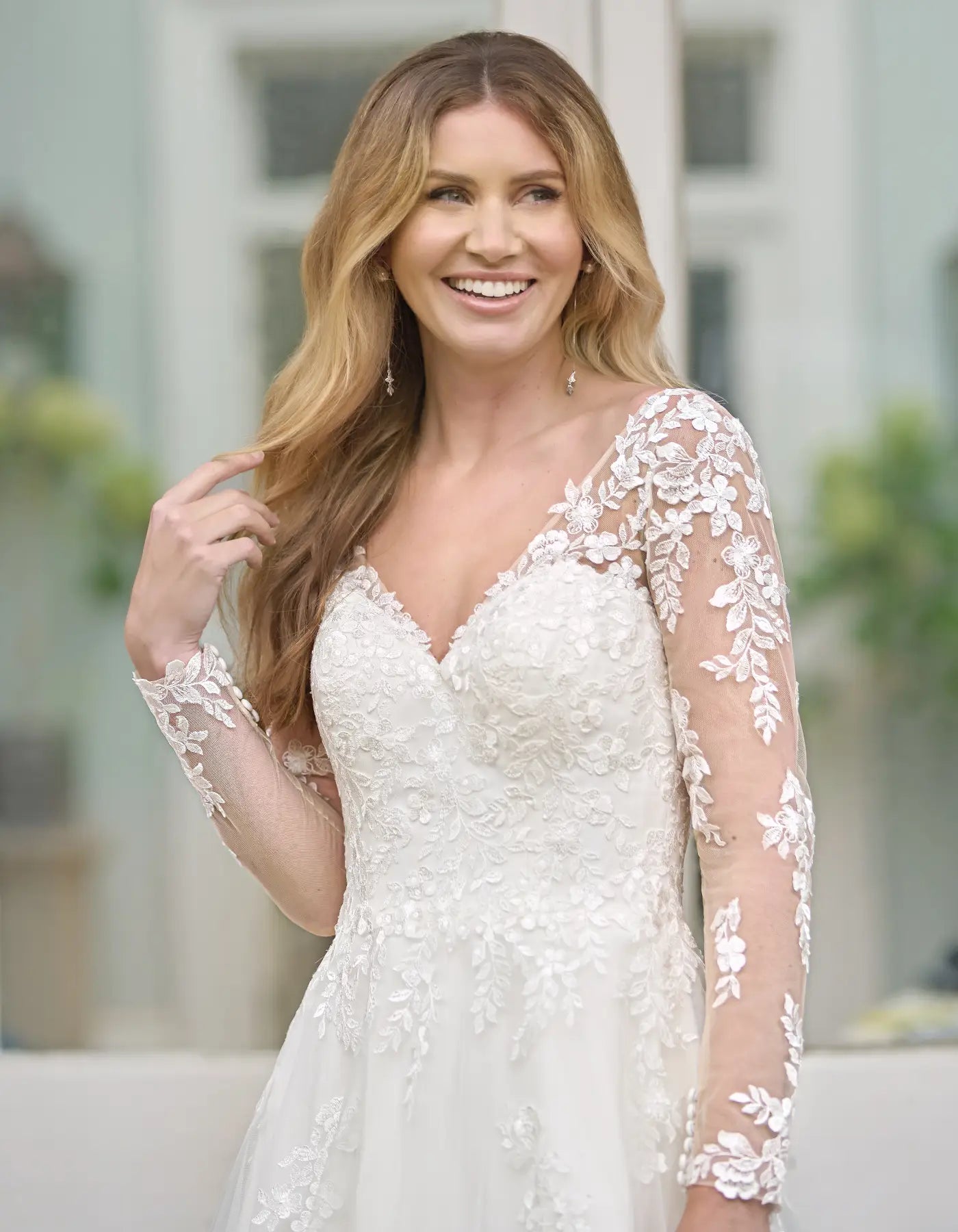 a strapless a-line with floral lace