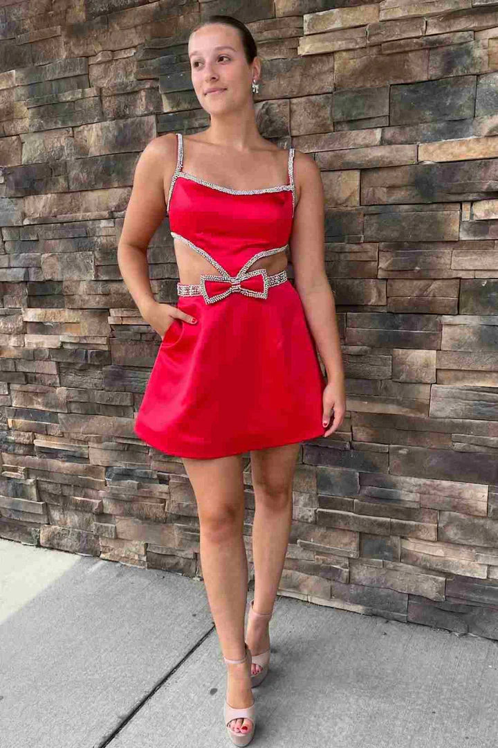 DingJiDress Homecoming Dress Spaghetti Straps Blue Cutout with Bow Graduation Dresses