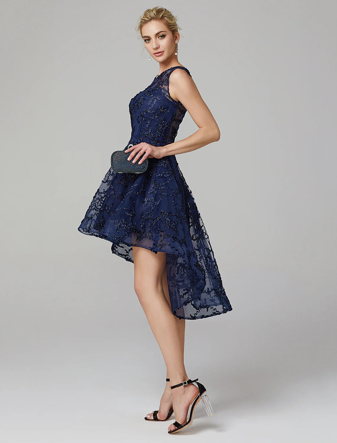 A-Line Hot Dress Wedding Guest Asymmetrical Sleeveless Illusion Neck Tulle with Appliques
