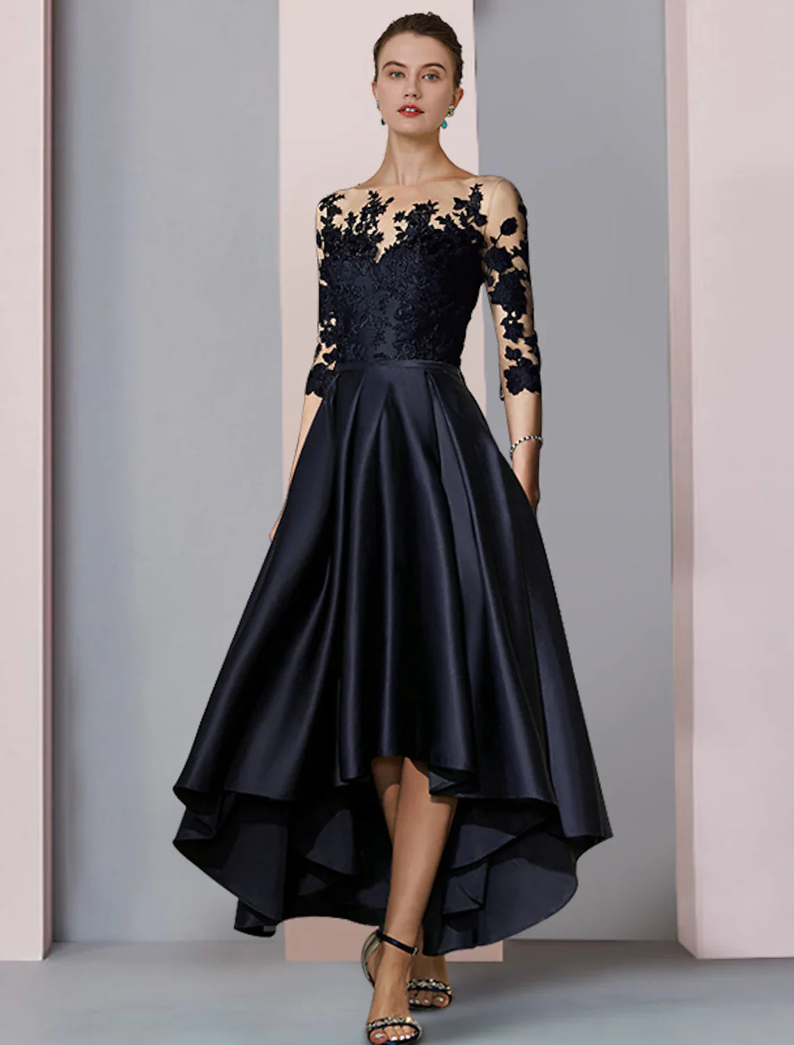 DingJiDress A-Line Mother of the Bride Dress Wedding Elegant Scoop Neck Asymmetrical Lace Sleeve Pleats Appliques