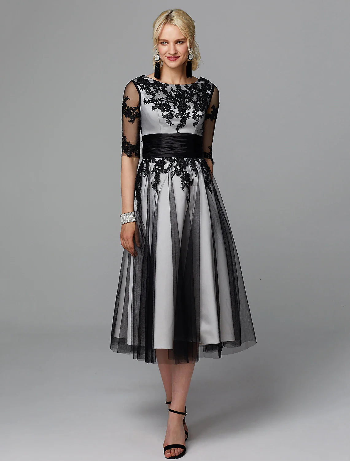 A-Line Party Dress Wedding Guest Tea Length Half Sleeve Jewel Neck Fall Wedding Guest Lace with Sash / Ribbon Appliques