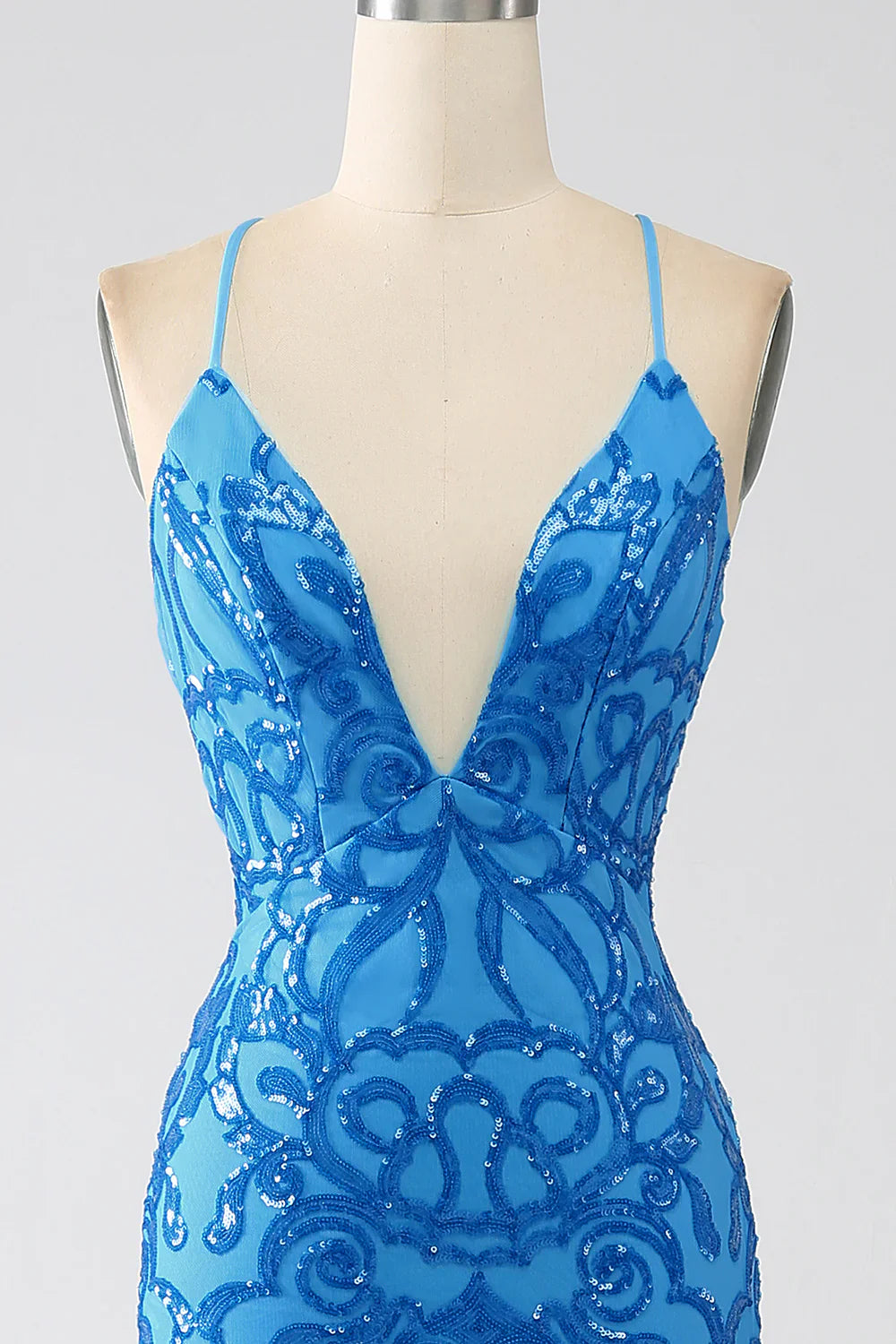 DingJiDress Blue Mermaid Spaghetti Straps Sequins Long Prom Dress
