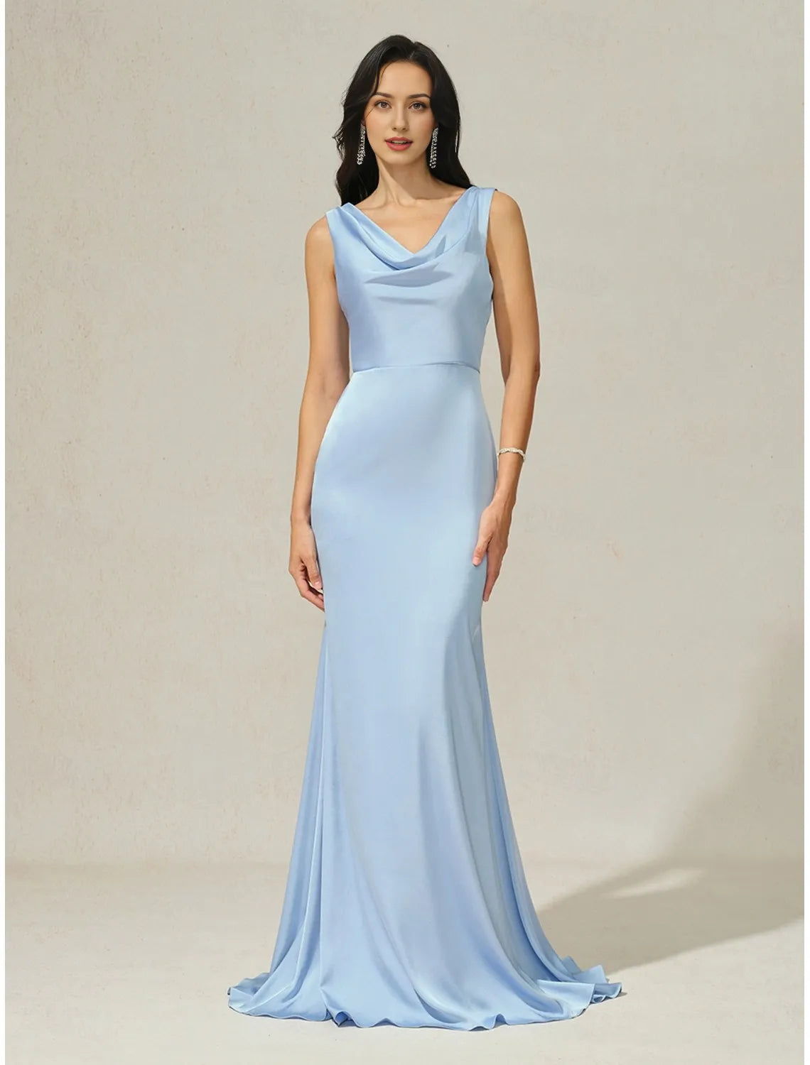 Evening Gown Elegant Dress Formal Wedding Sweep / Brush Train Sleeveless Cowl Neck Satin with Ruched  ?