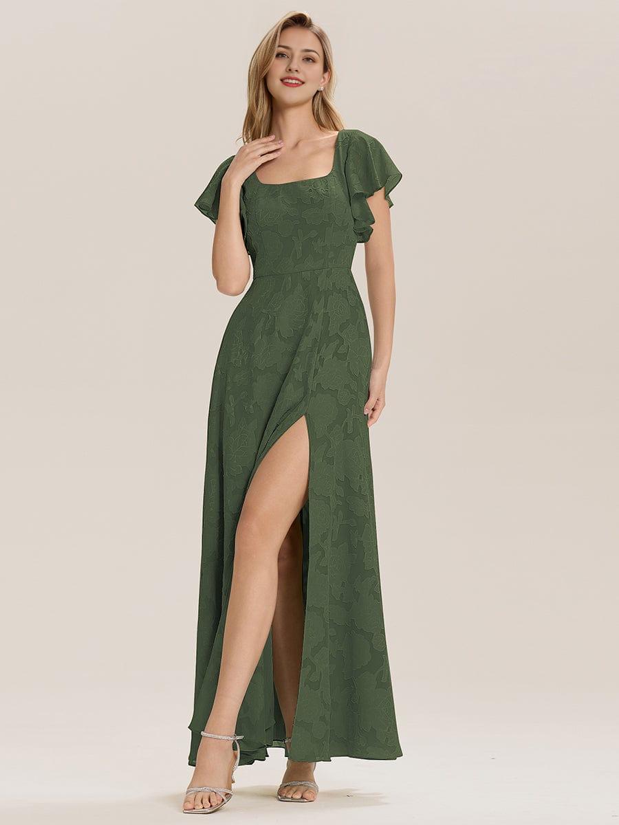 Ruffle Sleeve A-Line Formal Evening Dress with Slit