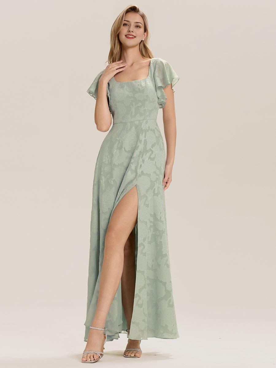 Ruffle Sleeve A-Line Formal Evening Dress with Slit