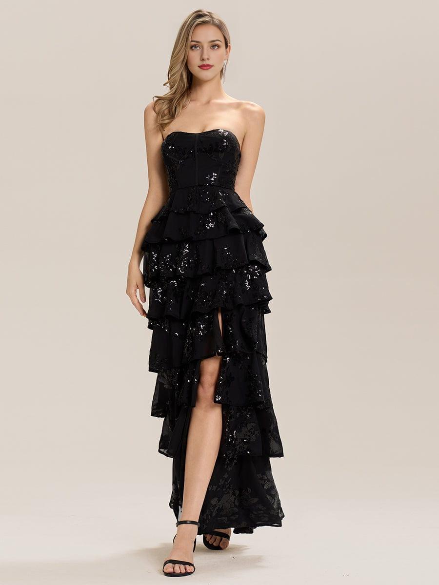 Sequin Tiered Strapless Formal Evening Dress with Slit