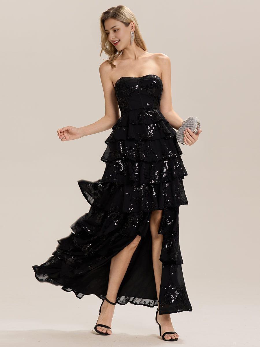 Sequin Tiered Strapless Formal Evening Dress with Slit