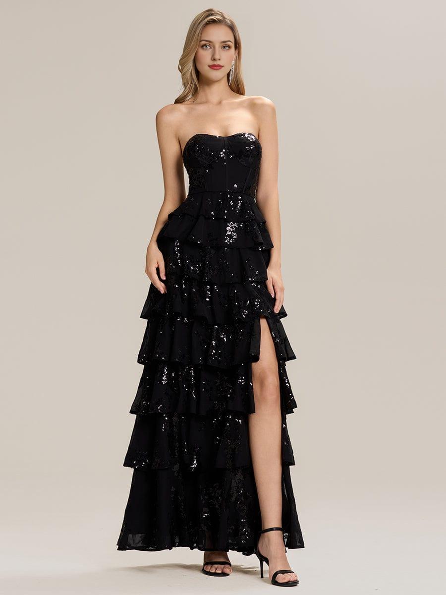 Sequin Tiered Strapless Formal Evening Dress with Slit