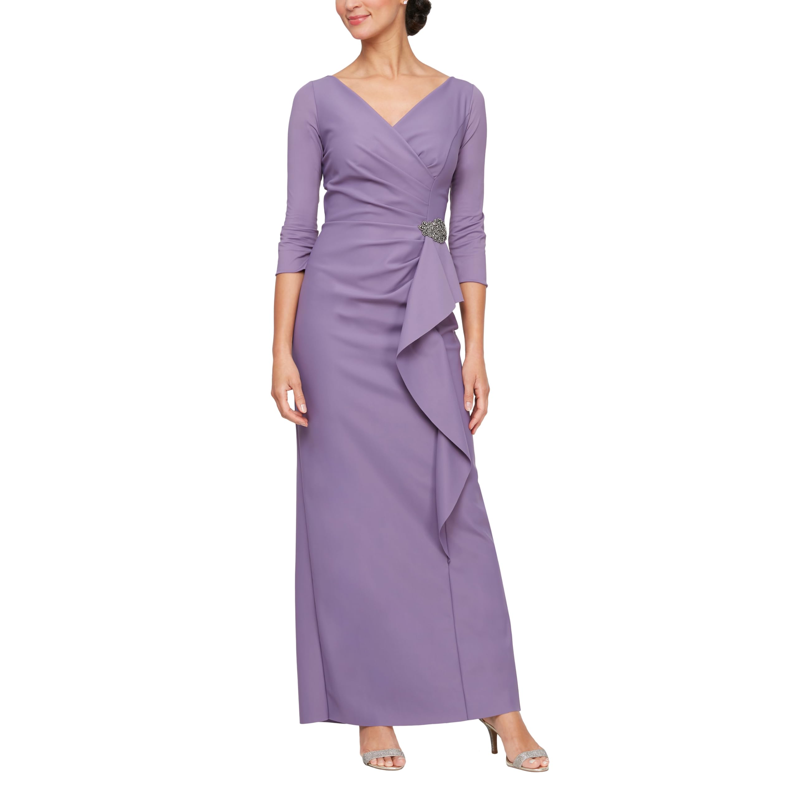 DingJiDress Mother of the Groom / Bride Dresses Slimming Long Length Long Sleeve Cascade Ruffle Skirt and Side Ruching Formal Dresses Wedding Guest Dress