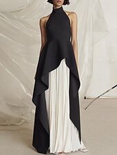 Evening Gown Black Dress Dress Evening Party Black Tie Gala Floor Length Sleeveless Stand Collar  Chiffon Backless with Pleats Slit